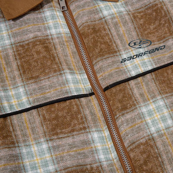Chemise Zippée à Manches Courtes en Patchwork de Plaid