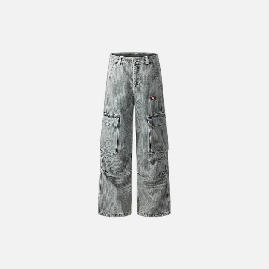 Pantalon Cargo en Denim à Rayures Verticales et Coupe Large
