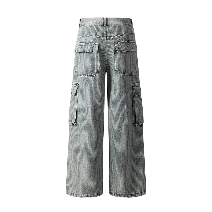 Pantalon Cargo en Denim à Rayures Verticales et Coupe Large