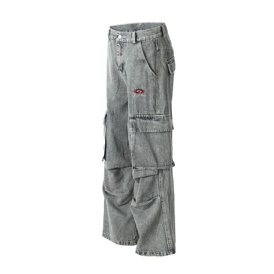 Pantalon Cargo en Denim à Rayures Verticales et Coupe Large