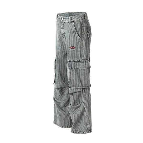 Pantalon Cargo en Denim à Rayures Verticales et Coupe Large