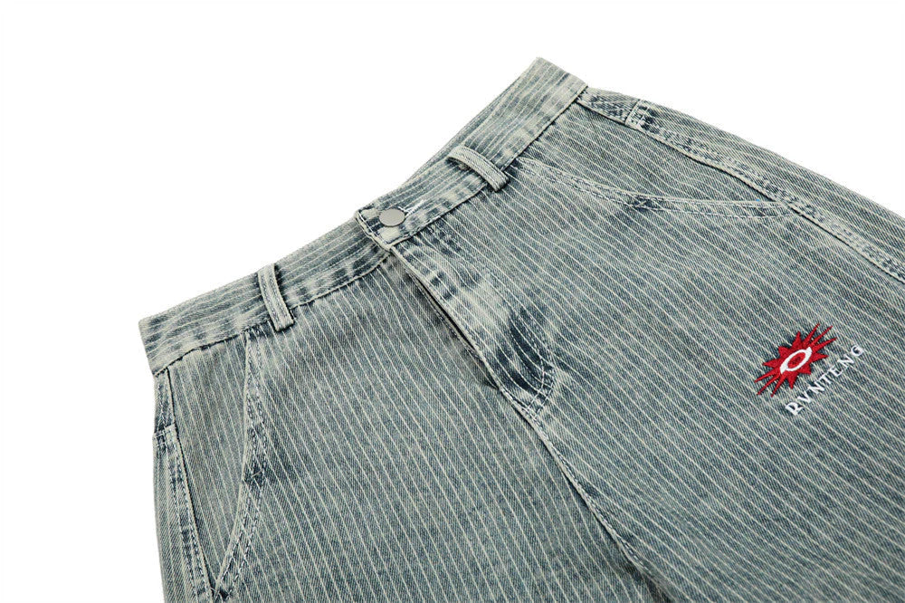 Pantalon Cargo en Denim à Rayures Verticales et Coupe Large